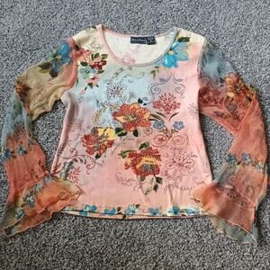 Vintage Y2K Sheer Bell Sleeve Fairy Floral Babydoll Top Blouse Medium Cottage